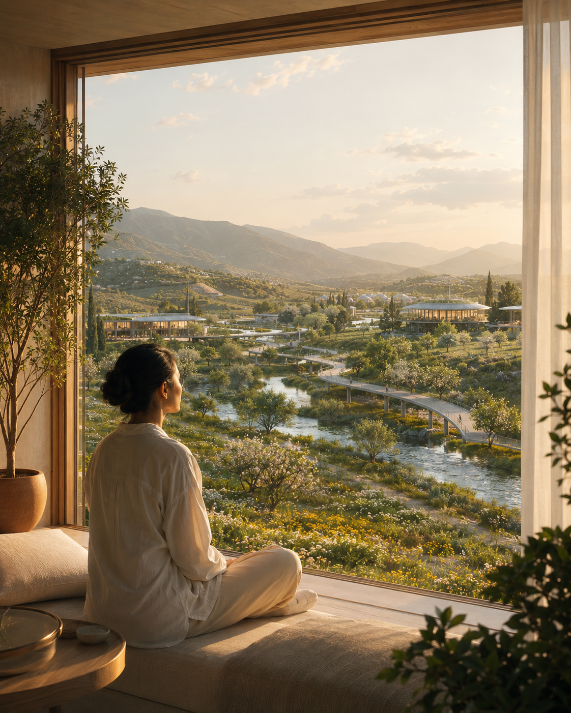 Woman sitting peacefully by a window overlooking a serene valley landscape with mountains and flowing river.