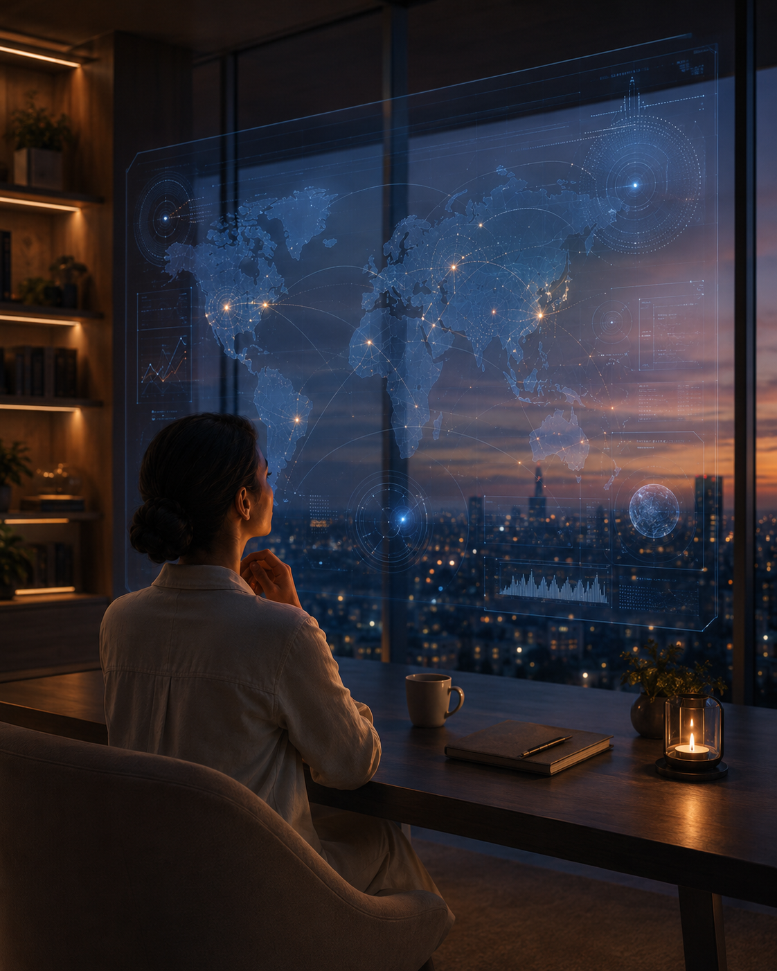 Woman looking at holographic world map display from a high-rise at sunset with city lights below.