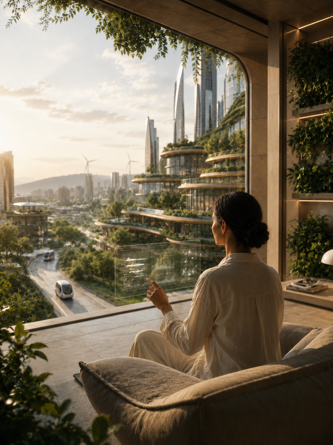 Person sitting by a window overlooking a sustainable green city with buildings covered in vegetation.